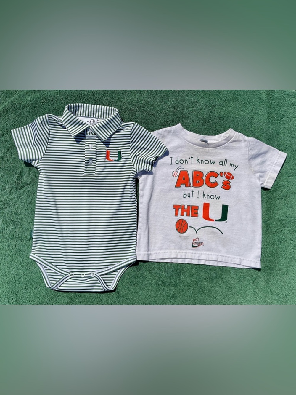 University of Miami White & Green Stripe Polo Bodysuit and White T-shirt